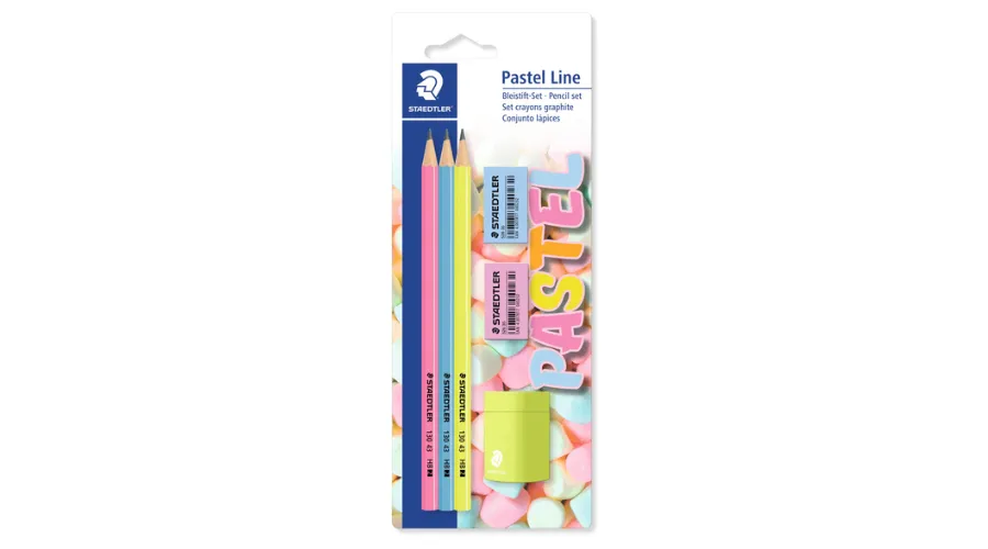 Staedtler Pastel Line Set of 3 HB Pencils, 2 Erasers and 1 Pencil Sharpener