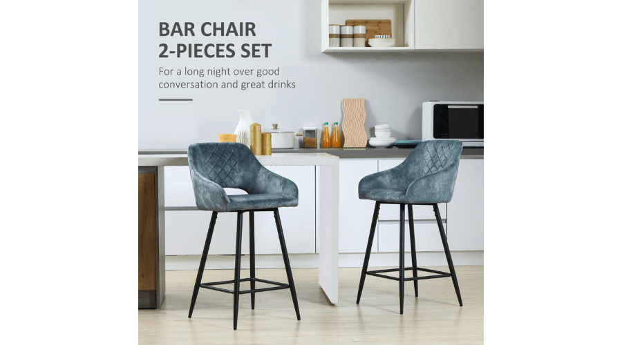 Bar Stools Set of 2, Velvet-Touch Fabric Counter Height - Blue