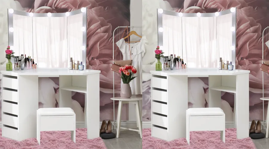 Corner 5 Drawer Mirrored LED Dressing Table with Stool - White by Kosy Koala