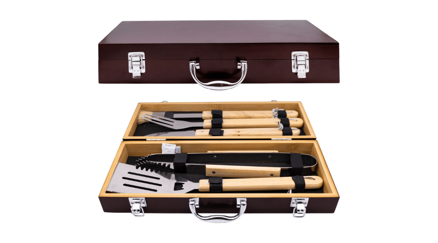 Bamboo BBQ Utensil Kit with Durable Wooden Carry Case by Maison Des Cadeaux