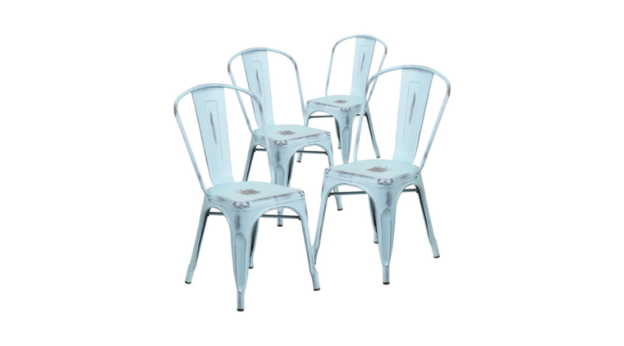 4 Pack Distressed Green-Blue Metal Stackable Chair