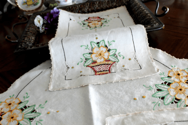 Embroidered linen table runner