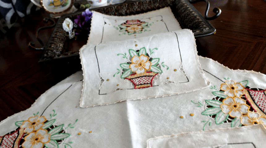 Embroidered linen table runner