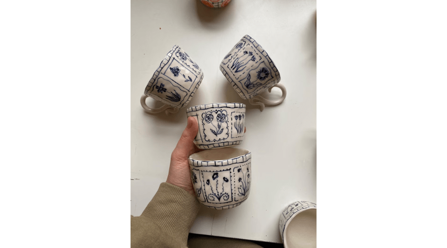 Handmade Blue Floral Ceramic Mugs