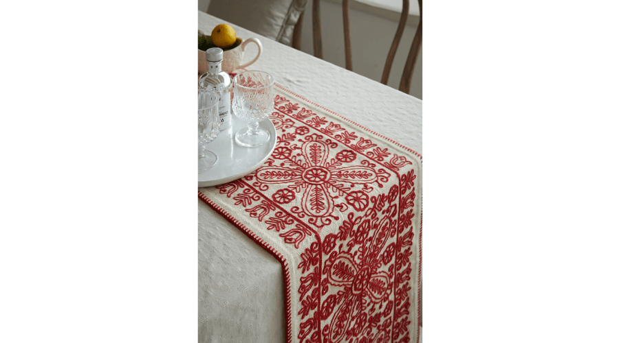Red Embroidery Thread Cotton Linen Table Runner